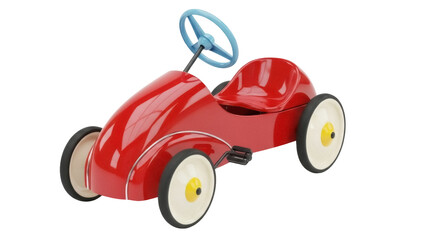 Isolated red pedal car toy with blue steering wheel, vintage plaything for kids, child