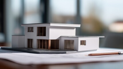 Modern model house on architectural blueprint with pencil, contemporary residential scale model showcasing flat roof, large window, white facade and site plan in studio lighting