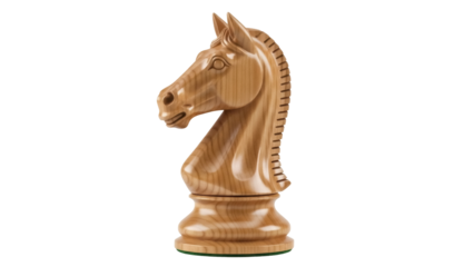 Isolated carved wooden Knight chess piece stands facing left with horse head and base detail