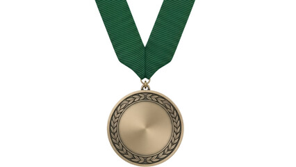 Isolated bronze medal on green ribbon representing an award or achievement, accomplishment