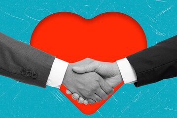 Two hands shake in front of a bright red heart symbol on a blue background to show support and connection between people