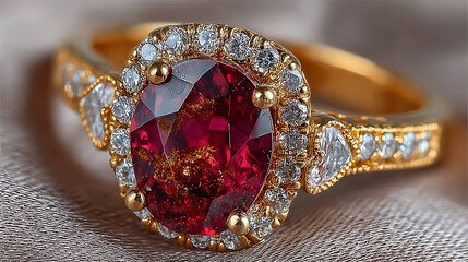 Exquisite golden ring showcasing a radiant red gemstone surrounded by sparkling diamonds
