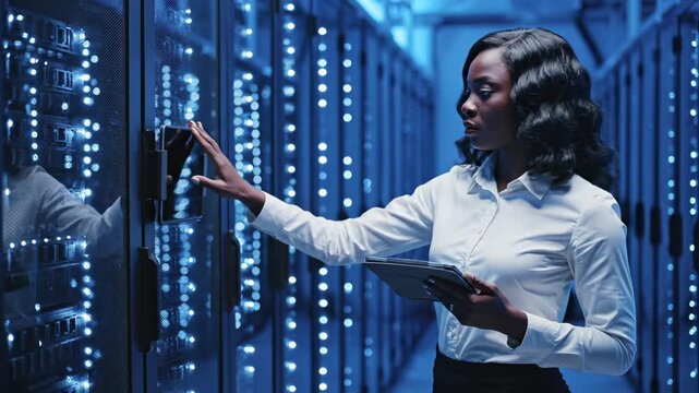 Woman technician inspects server rack in data center with tablet. IT specialist performs maintenance work on server equipment in data center. Engineer examines server infrastructure with tablet in fac