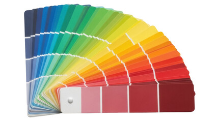 Isolated array of vivid color paint chips displayed in a fan shape for palette choice guide