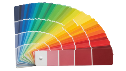 Isolated array of vivid color paint chips displayed in a fan shape for palette choice guide