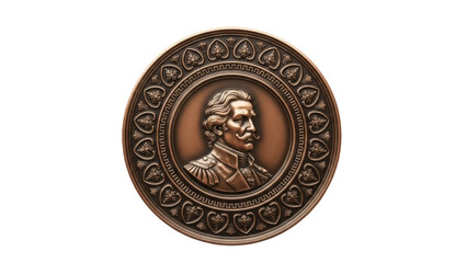 Isolated antique medal with ornate border features portrait in profile view of man