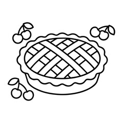 Lattice crust cherry pie surrounded by fresh cherries, hand-drawn black and white vector outline icon.