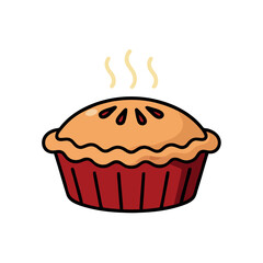 Hot steaming whole pie in a red baking dish, hand-drawn color vector illustration with golden crust.