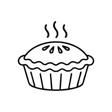Steaming whole pot pie in a baking dish, hand-drawn black and white vector outline icon with steam lines.