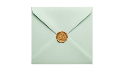 Isolated soft green invitation envelope, secured with elegant vintage heraldic wax seal