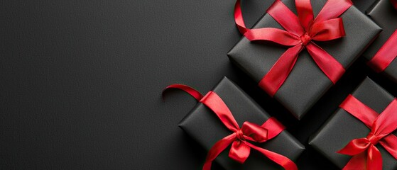 Black and red gift boxes with elegant ribbons sit neatly on a background that enhances their festive appearance and allure