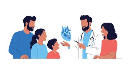 Health Consultation: A medical professional engages in a thoughtful discussion with a family, illustrating the concept of cardiovascular health with a detailed diagram.