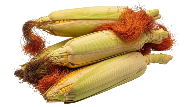 Isolated fresh ears of corn with silk, ready for cooking, natural and appetizing vegetables