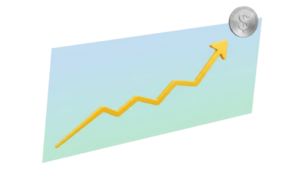Isolated growth graph, financial arrow up concept and golden coin on light backdrop for investment