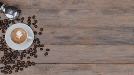 A warm cup of coffee sits next to scattered coffee beans on a smooth wooden surface, inviting a comforting moment of relaxation