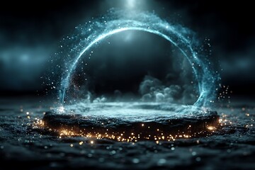 Glowing particle ring surrounds a stone platform with bright golden light accents underneath it