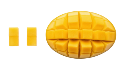 Isolated sweet ripened sliced mango fruit showing the juicy yellow pulp without skin or core
