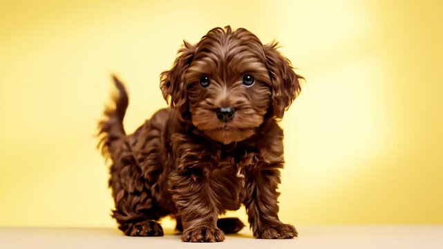 Cute Brown Cockapoo Puppy Sitting and Looking at Camera on Yellow Background