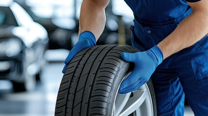 Obraz premium A person carefully checks a car tire in an auto service area, focusing on safety and maintenance for optimal vehicle performance