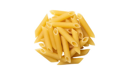 Isolated heap of uncooked golden penne pasta tubes for meal preparation on neutral surface
