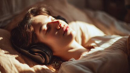 A woman listening to music while lying on a bed with sunlight on her face. The image gives off a sense of tranquility and relaxation