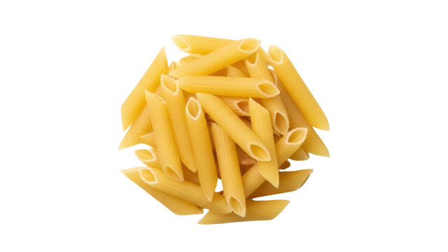 Isolated heap of uncooked golden penne pasta tubes for meal preparation on neutral surface
