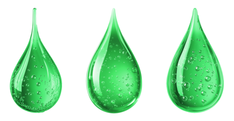 Set collage texture drops swatch of green aloe gel or oil on transparent isolated background, macro drop. Detergent, cosmetics, laboratory.