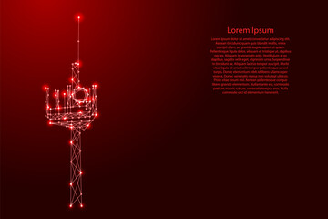 5G wireless Internet communication tower from futuristic polygonal red lines and glowing stars for banner, poster, greeting card