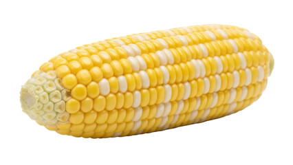 Isolated raw bicolor sweet corn on the cob showing yellow and white kernels, uncooked, ready to eat