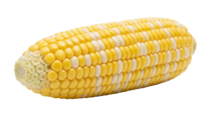 Isolated raw bicolor sweet corn on the cob showing yellow and white kernels, uncooked, ready to eat