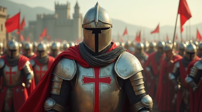 Templar knight wearing an armor with a red christian cross on it, medieval times with an army, castle village or town background, crusader hd 