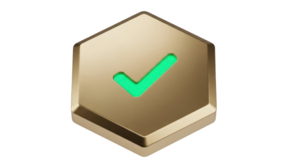 Isolated golden hexagon with green check mark on it for use as user interface elements