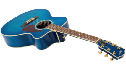 Isolated blue acoustic guitar with a cutaway design, six strings, and gold tuning pegs