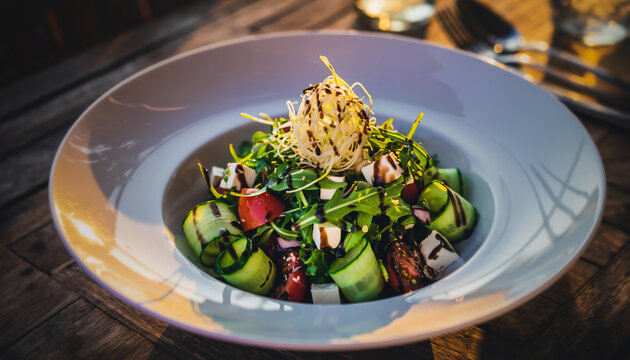 salade compos&eacute;e fra&icirc;che aux concombres et f&eacute;ta, plat sain d'&eacute;t&eacute;