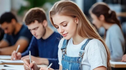 A group of students sits at desks, writing in notebooks as they concentrate on their assignments during class time