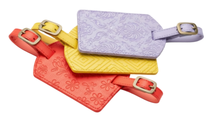 Isolated Luggage Tags Stacked Together for Travel with Pink Orange Yellow and Lavender