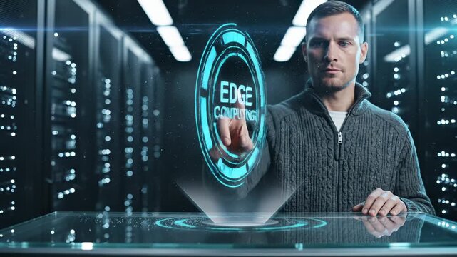 Man touches edge computing hologram in data center. Professional interacts with edge computing interface in server room. Engineer activates edge computing display with holographic circle in tech facil