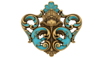 Isolated ornamental element with turquoise highlights and golden details, rococo style