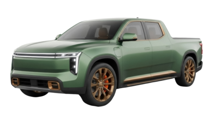 Isolated green truck car illustration render side view, sustainable transport lifestyle shot