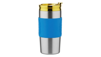 Isolated mug travel tumbler thermo stainless steel, gold lid, blue rubber grip band for hot liquid