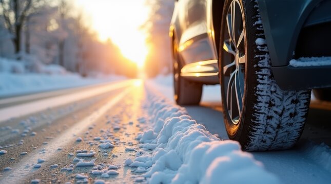 Winter tire with detail of car tires in winter snowy season on the road covered with snow and morning sun light - Powered by Adobe