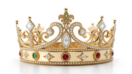 Luxurious Golden Crown Adorned with Diamonds and Precious Gems, Isolated on Transparent White Background