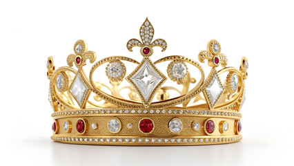 Luxurious Golden Crown Adorned with Diamonds and Precious Gems, Isolated on Transparent White Background