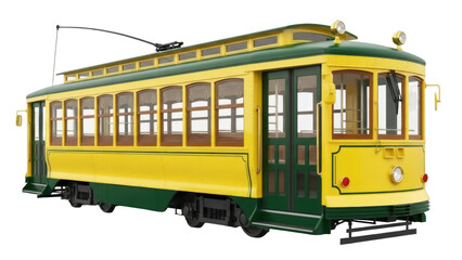 Isolated vintage tram or trolley car, colorful antique train car without background