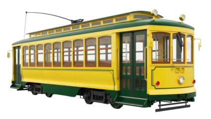 Isolated vintage tram or trolley car, colorful antique train car without background