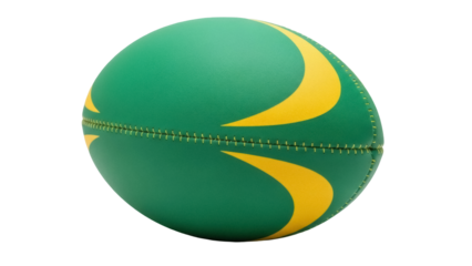 Isolated green and yellow rugby ball on seamless background with detailed stitching around it