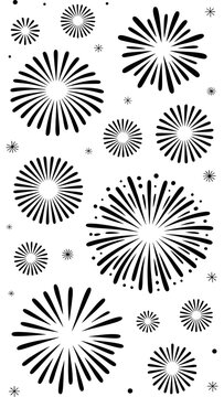 Abstract Fireworks Burst: A collection of stylized, radial burst elements explodes across the canvas, creating a dynamic display of light and energy, perfect for festive designs.