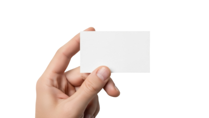 Isolated Hand holding a rectangular business card, showing a promotion, offer or advertisement