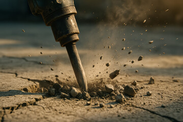 Heavy machinery breaking concrete floor with dust and debris
