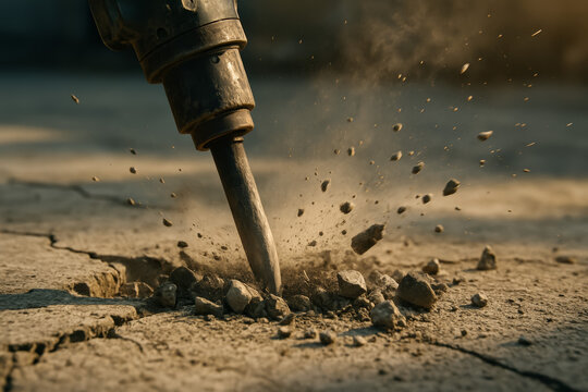 Heavy machinery breaking concrete floor with dust and debris - Powered by Adobe